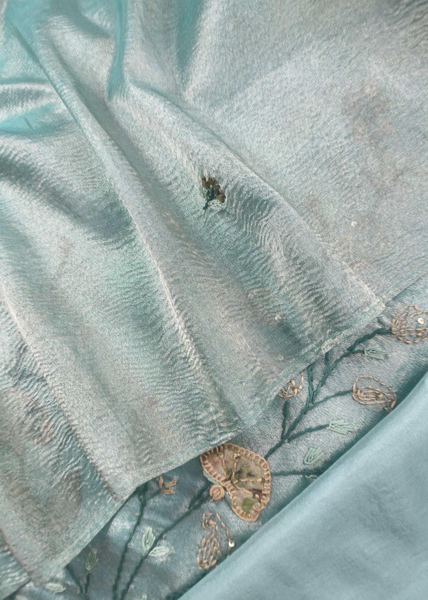 Blue Tissue Silk Suit With Thread Embroidery And Patch Work