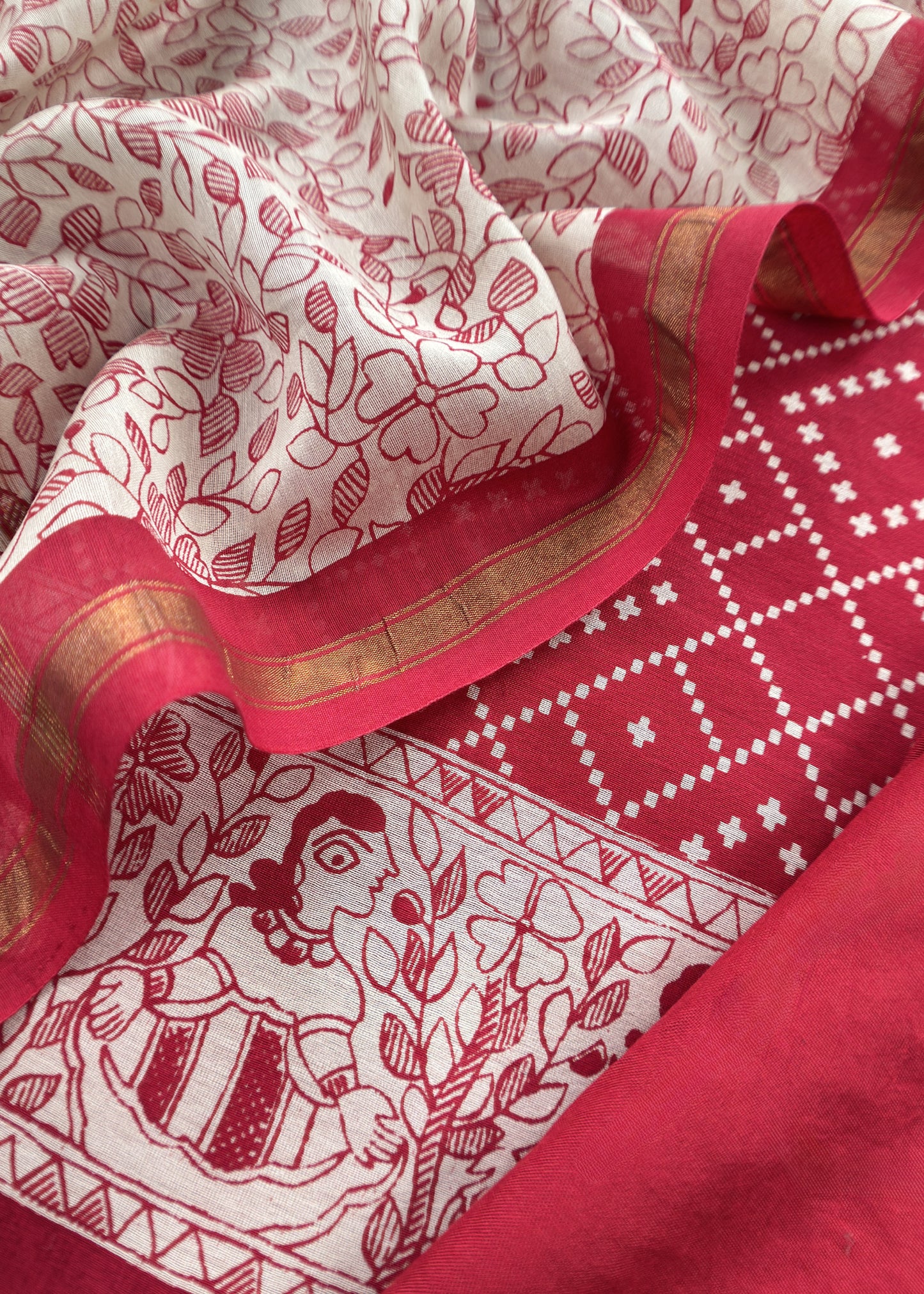 Red Bandhani Suit In Maheshwari With Madhubani Dupatta
