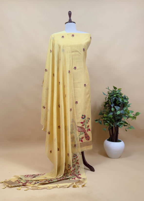 Yellow Linen Chanderi Unstitched Suit With Jamdani Weaving