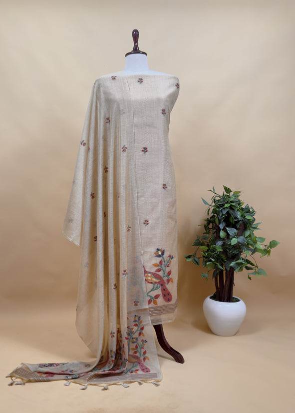 Yellow Linen Chanderi Unstitched Suit With Jamdani Weaving