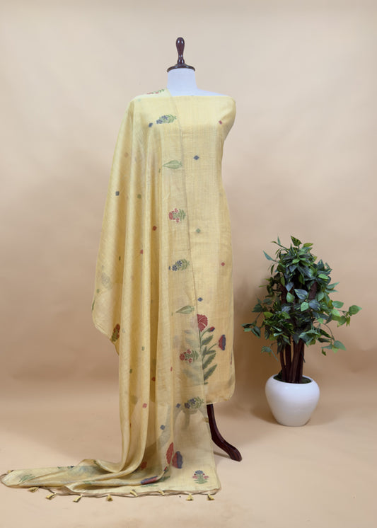 Light Yellow Chanderi Dupatta-Suit with Phool Jamdani weaving and gold detailings