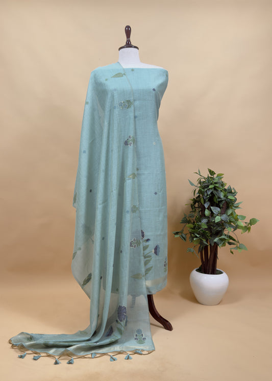Light Blue Chanderi Dupatta-Suit with Phool Jamdani weaving and gold detailings