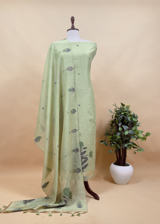 Light Green Chanderi Dupatta-Suit with Phool Jamdani weaving and gold detailings