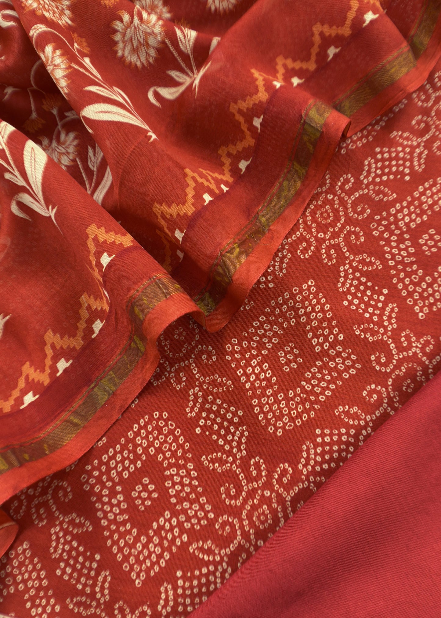 Orange Block Print Handloom Maheshwari Silk Suit Fabric