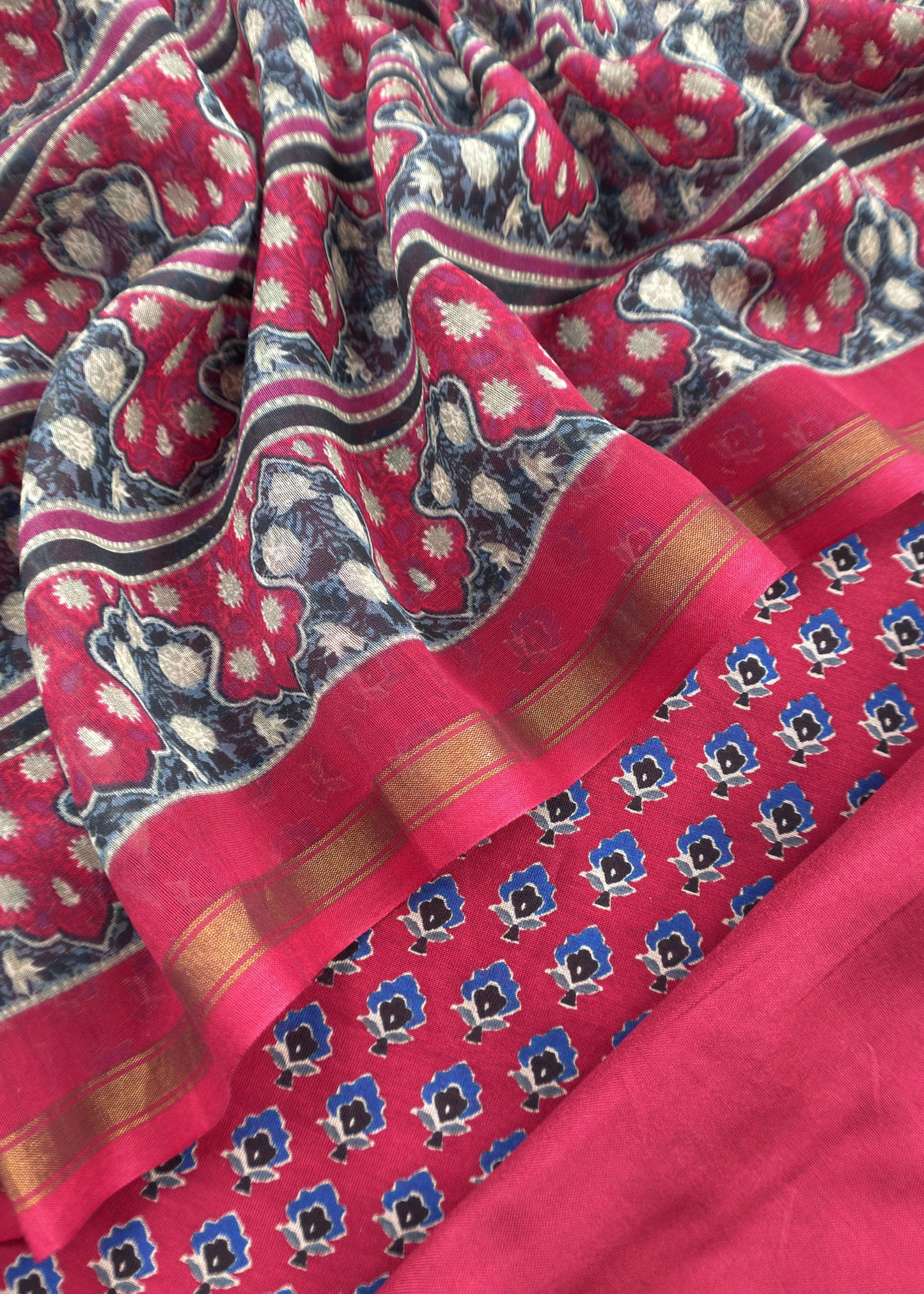 Red Ajrakh Blockprint Handloom Maheshwari Silk Suit Fabric