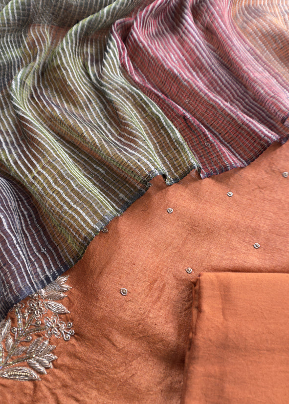Sahiba 2025 Burnt Orange Handloom Desi Tussar Kurta With Zardosi Work And Ghicha Tussar dupatta
