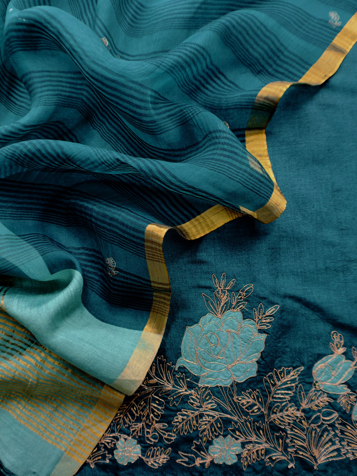 Sahiba 2025 Deep Sea Green Handloom Desi Tussar Kurta With Pitta And Appliqué Work And Handwoven Tissue Dupatta