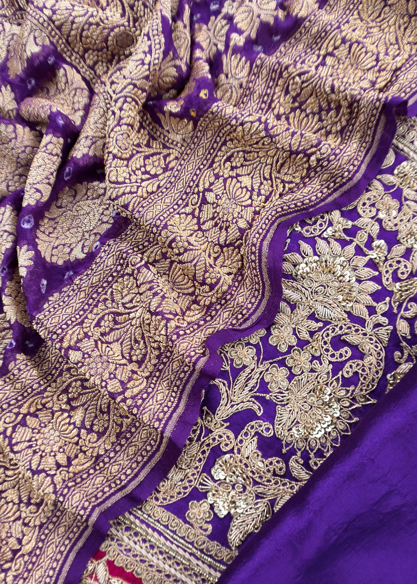 Royal Purple Handloom Raw Silk Kurta and Pure Bandhani Georgette Khaddi Gharchola dupatta with Handwork