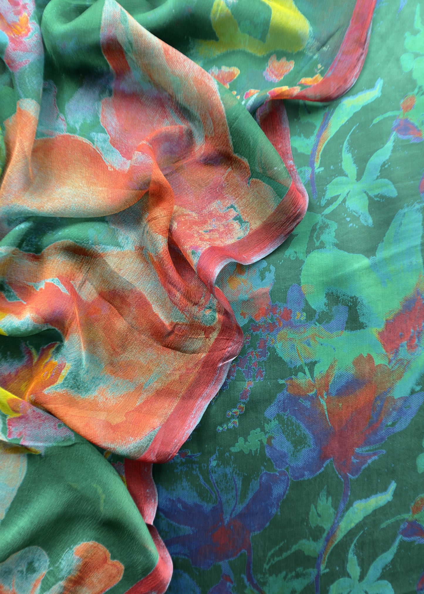 Green Satin Crepe Unstitched Suit With Chinon Dupatta