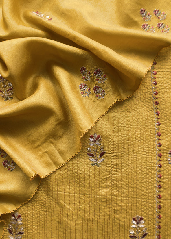 Sahiba 2025 Marigold Yellow Pintuck Handloom Desi Tussar Suit With Zardosi And Resham Embroidery