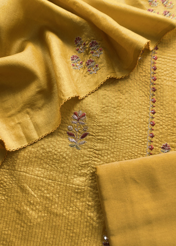 Sahiba 2025 Marigold Yellow Pintuck Handloom Desi Tussar Suit With Zardosi And Resham Embroidery