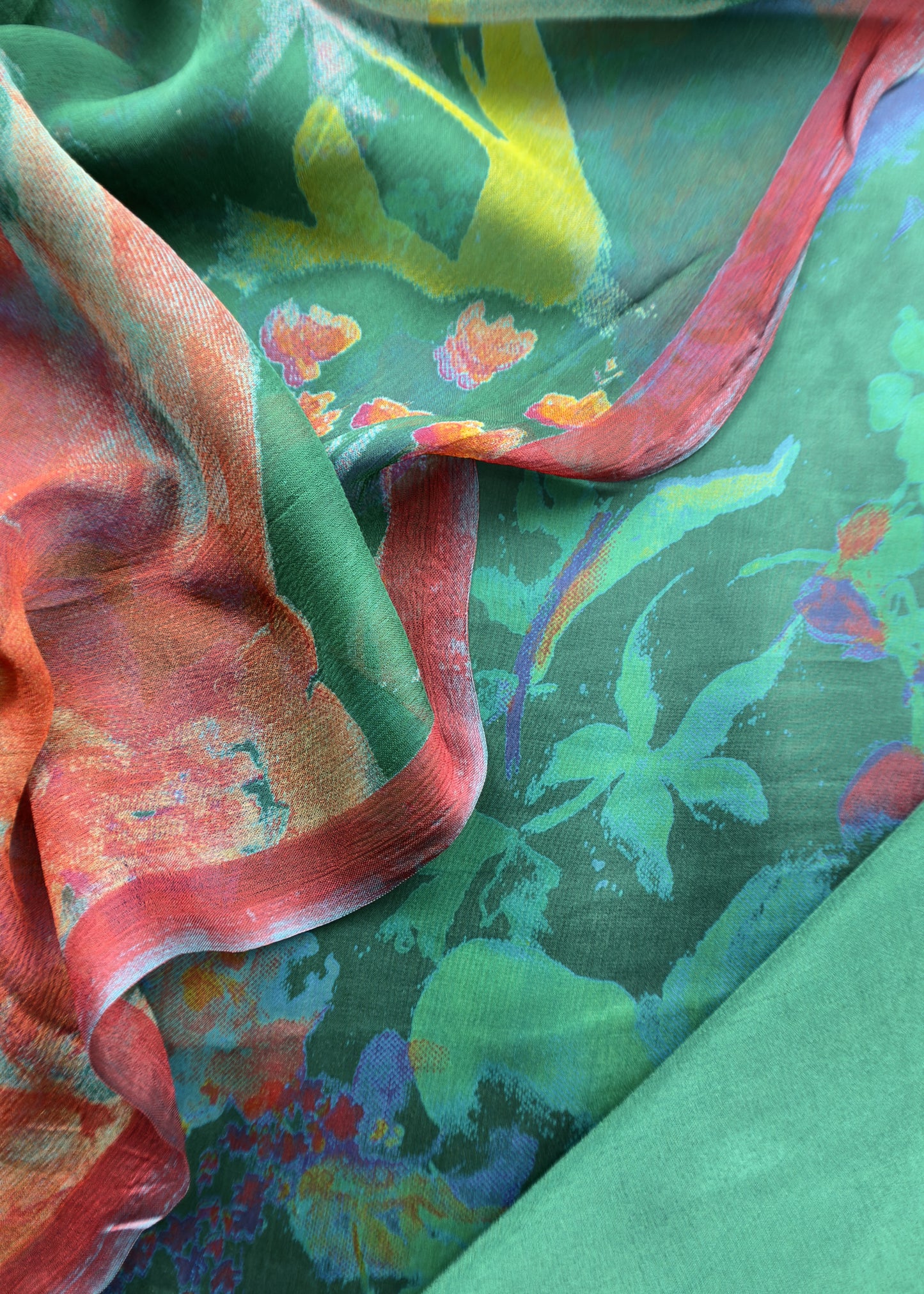 Green Satin Crepe Unstitched Suit With Chinon Dupatta