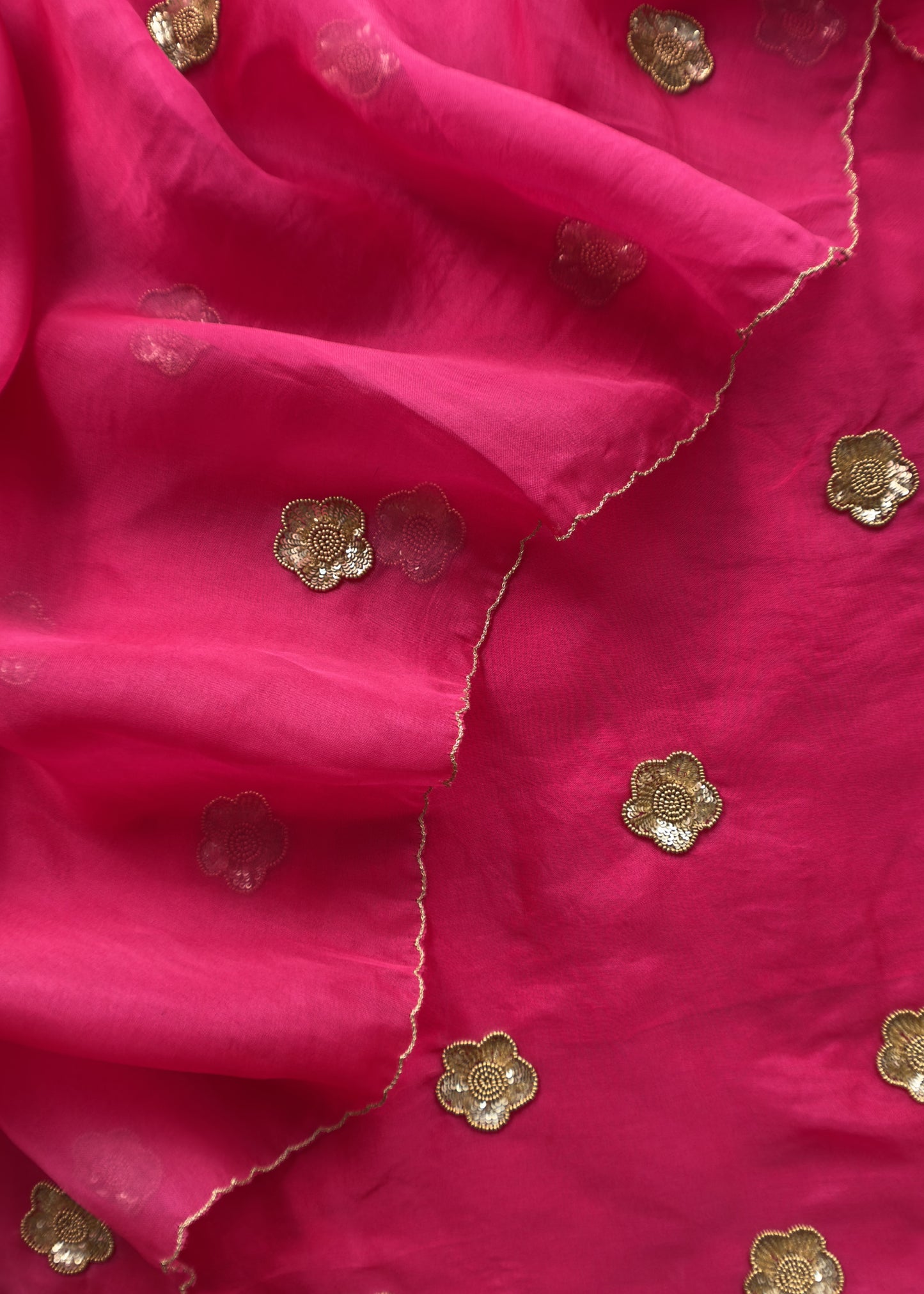 Hot Pink Pure Silk Organza Suit Set With Handcrafted Gold Sequin Work