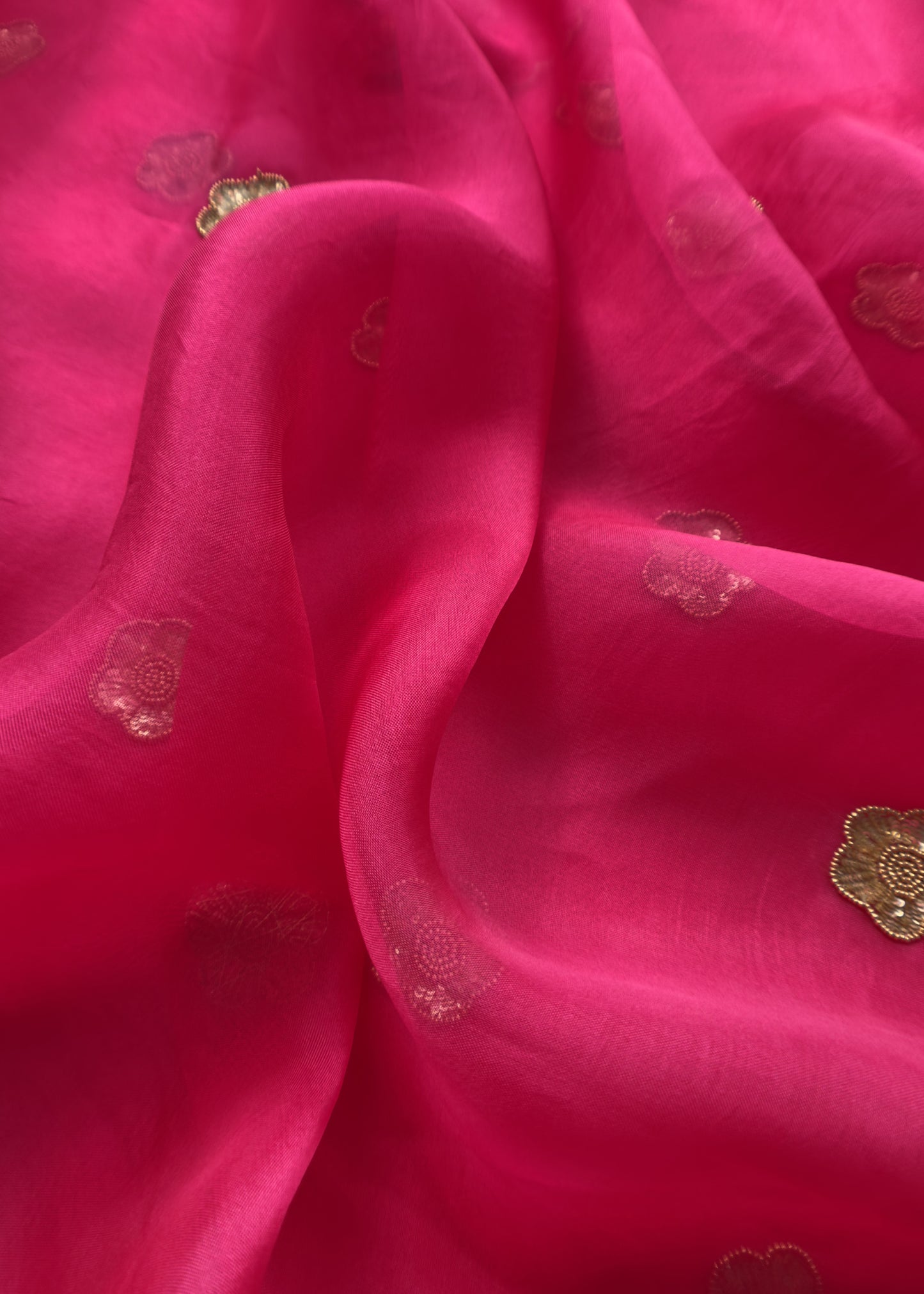 Hot Pink Pure Silk Organza Suit Set With Handcrafted Gold Sequin Work