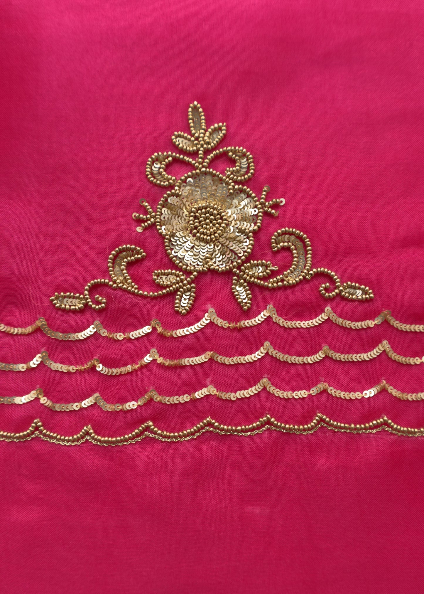 Hot Pink Pure Silk Organza Suit Set With Handcrafted Gold Sequin Work