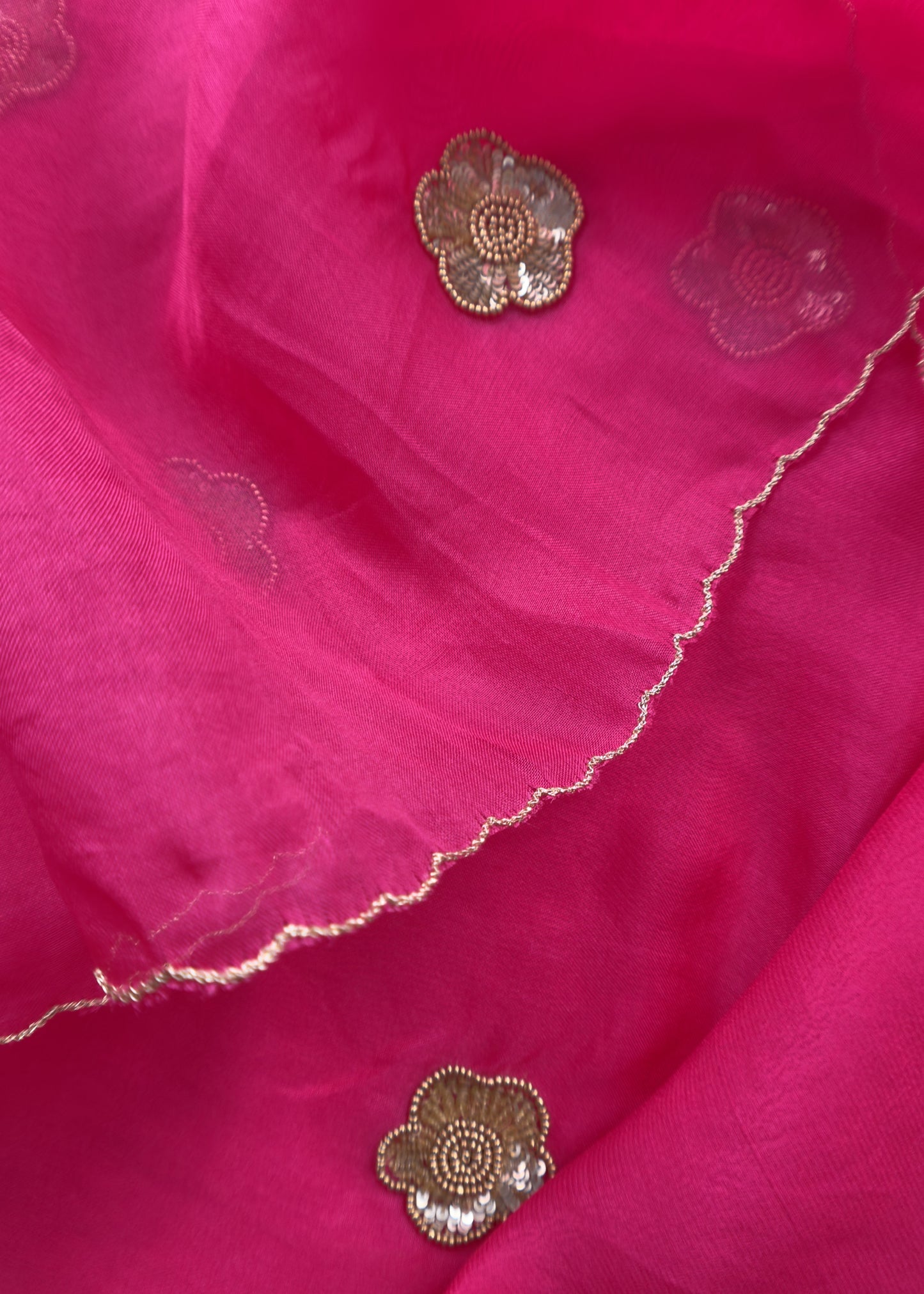 Hot Pink Pure Silk Organza Suit Set With Handcrafted Gold Sequin Work