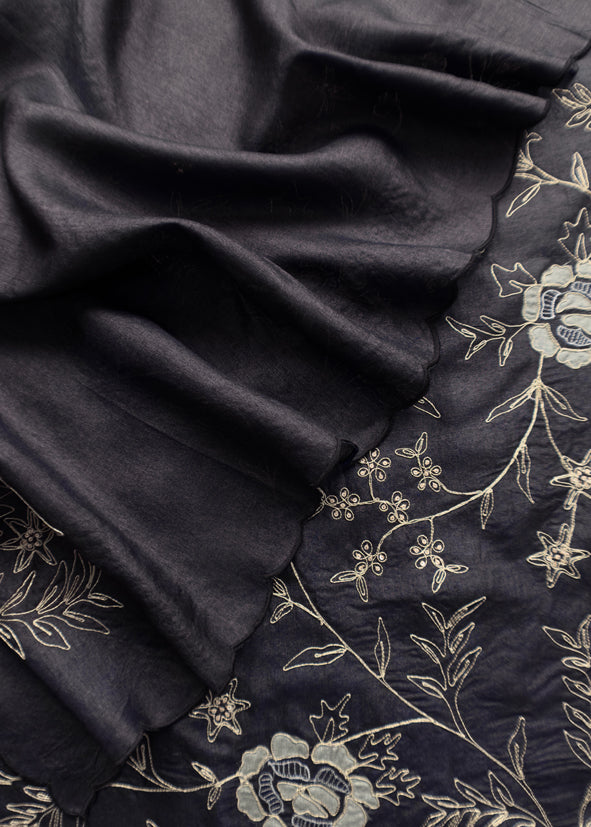 Sahiba 2025 Charcoal Black Handloom Desi Tussar Suit With Pitta And Appliqué Work