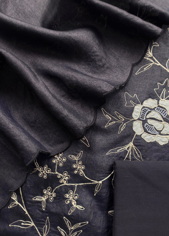 Sahiba 2025 Charcoal Black Handloom Desi Tussar Suit With Pitta And Appliqué Work