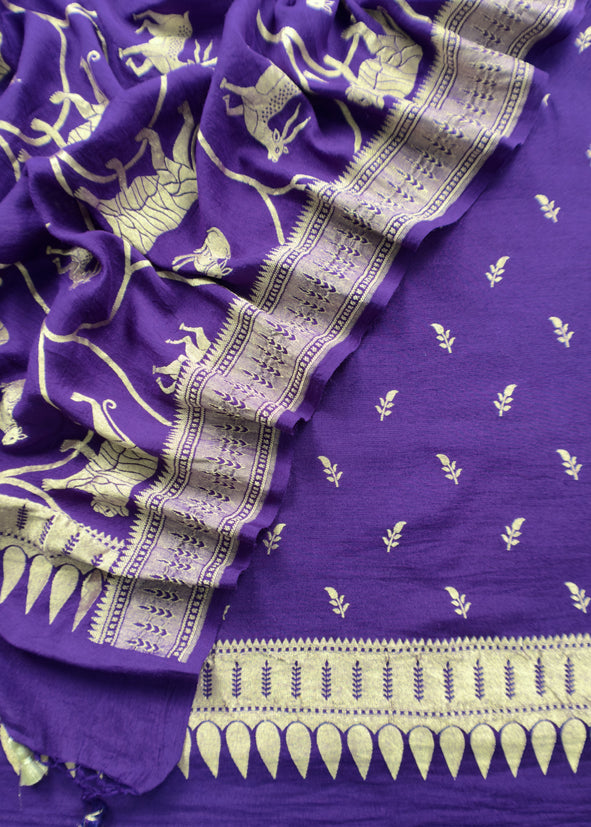 Kalasheel Luxe Purple Handloom Munga Silk Suit With Shikagarh Gold Weaving