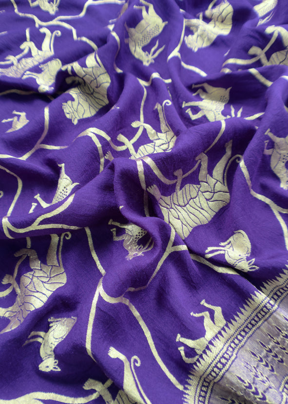 Kalasheel Luxe Purple Handloom Munga Silk Suit With Shikagarh Gold Weaving