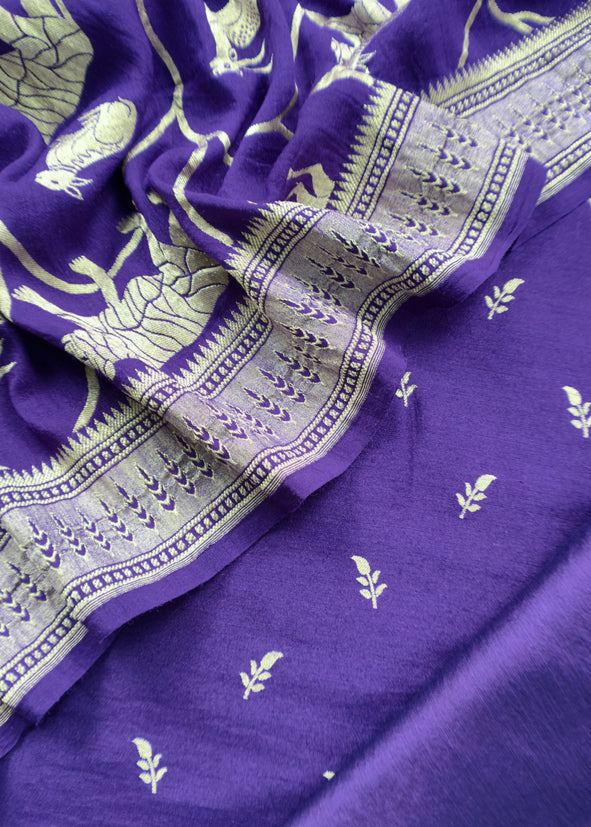 Kalasheel Luxe Purple Handloom Munga Silk Suit With Shikagarh Gold Weaving