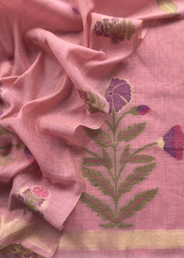 Light Pink Chanderi Dupatta-Suit with Phool Jamdani weaving and gold detailings