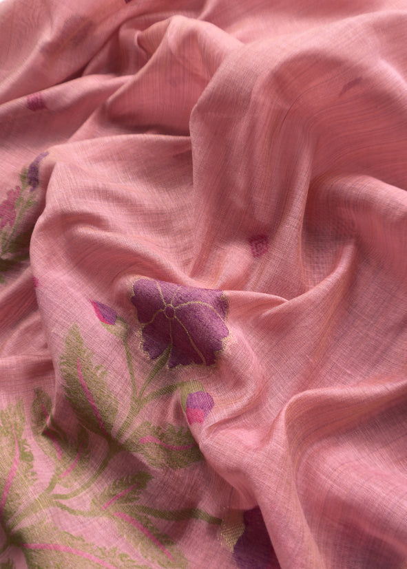 Light Pink Chanderi Dupatta-Suit with Phool Jamdani weaving and gold detailings