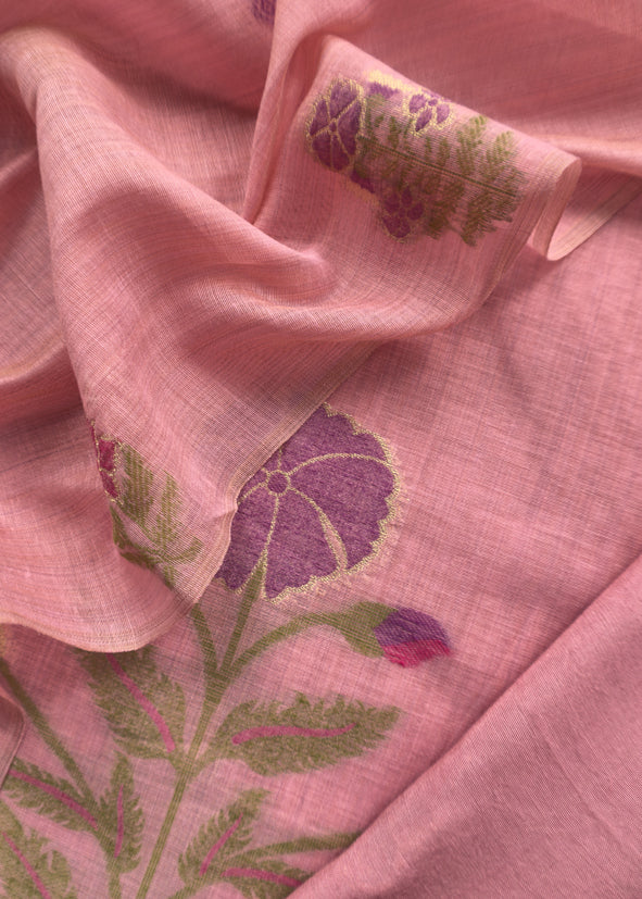 Light Pink Chanderi Dupatta-Suit with Phool Jamdani weaving and gold detailings