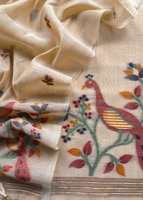 Beige Linen Chanderi Unstitched Suit With Jamdani Weaving