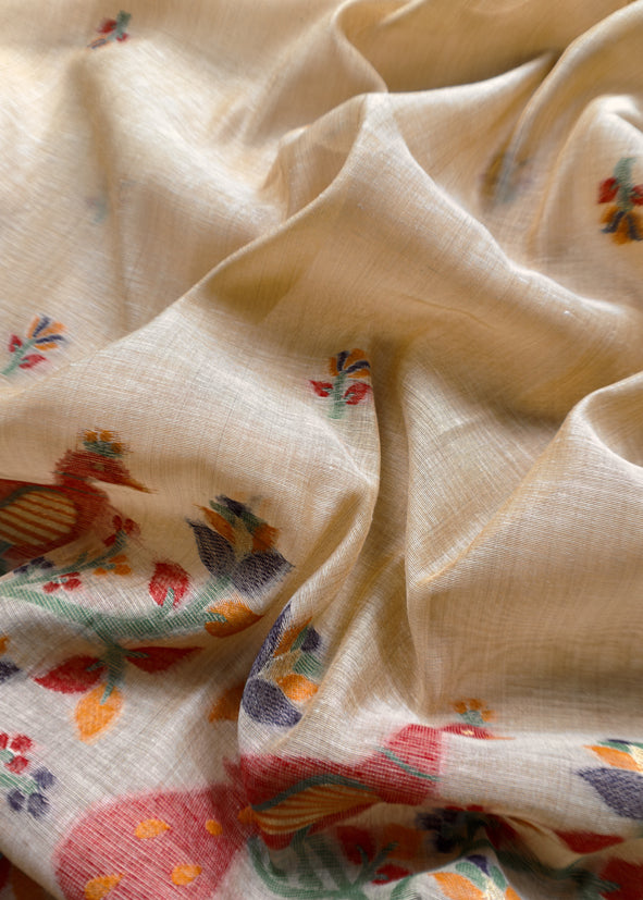 Beige Linen Chanderi Unstitched Suit With Jamdani Weaving
