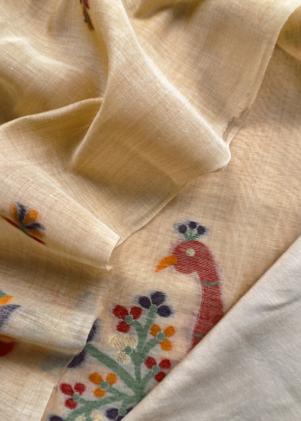 Beige Linen Chanderi Unstitched Suit With Jamdani Weaving