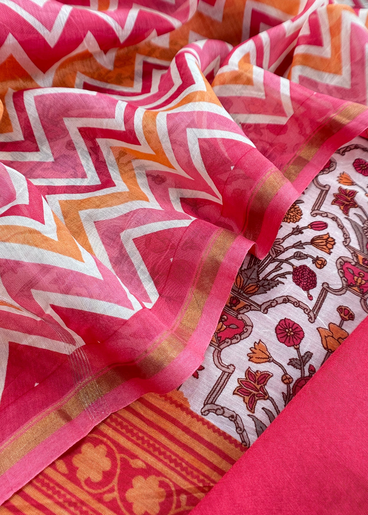 Red Gulbahar Pure Maheshwari Silk Unstitched Suit Fabric With Jaipuri Handblock Print
