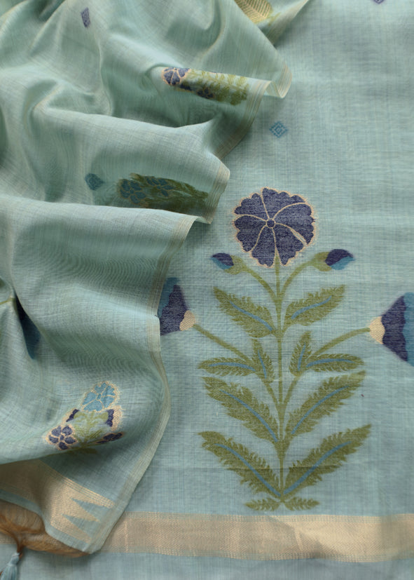 Light Blue Chanderi Dupatta-Suit with Phool Jamdani weaving and gold detailings