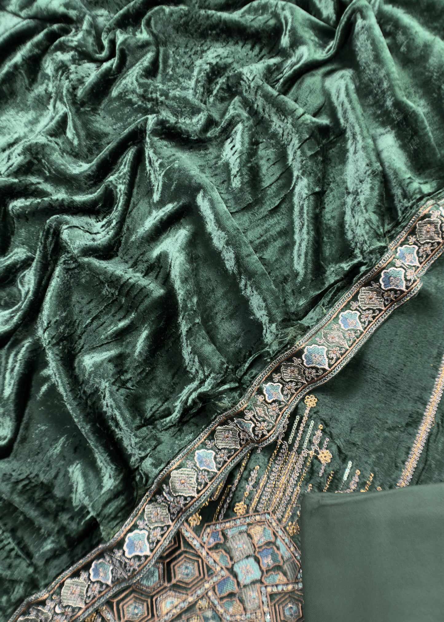 Green Embroidered Velvet Suit Set
