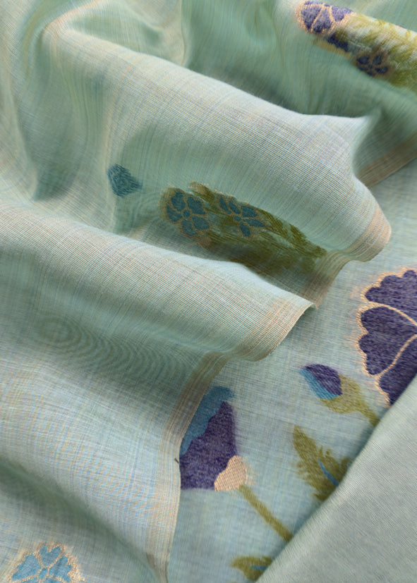 Light Blue Chanderi Dupatta-Suit with Phool Jamdani weaving and gold detailings