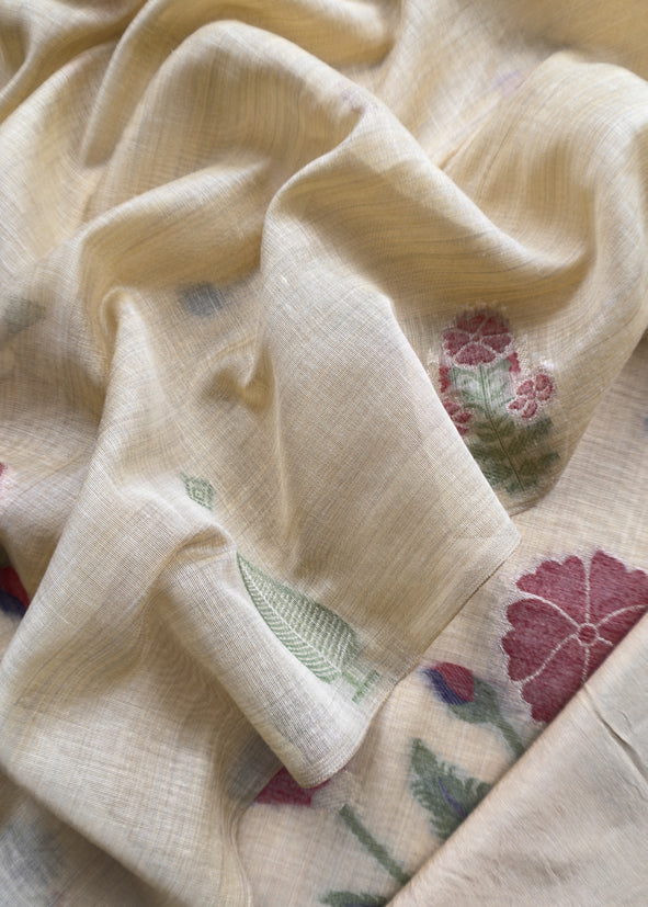 Light Beige Chanderi Dupatta-Suit with Phool Jamdani weaving and gold detailings