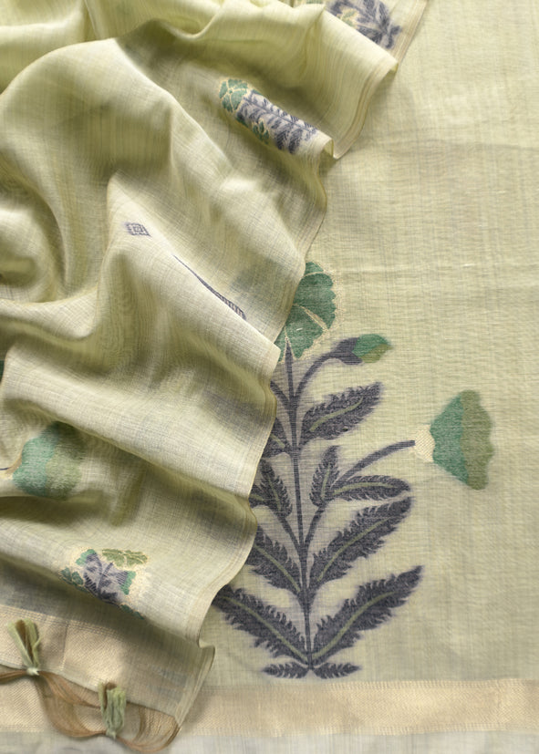 Light Green Chanderi Dupatta-Suit with Phool Jamdani weaving and gold detailings