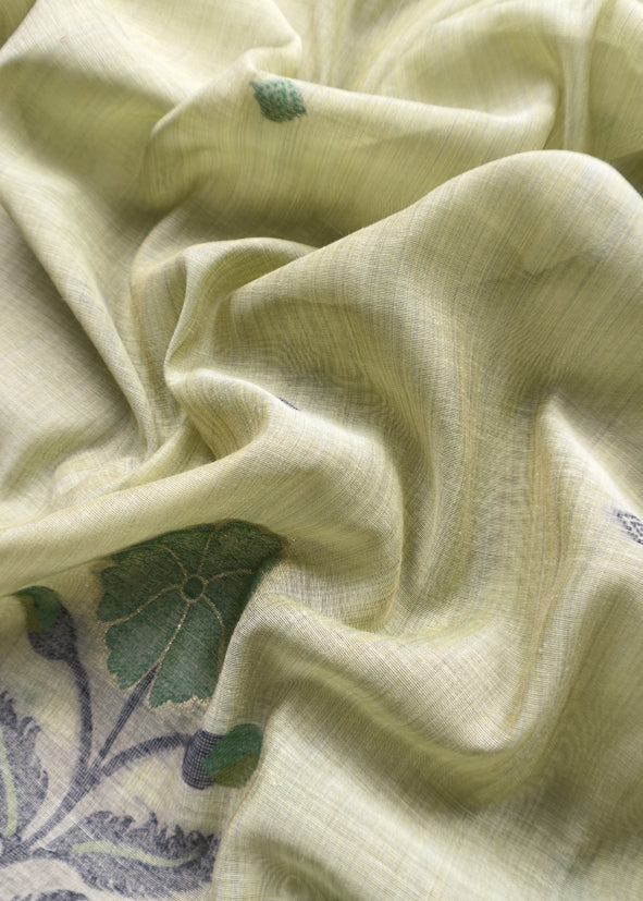 Light Green Chanderi Dupatta-Suit with Phool Jamdani weaving and gold detailings