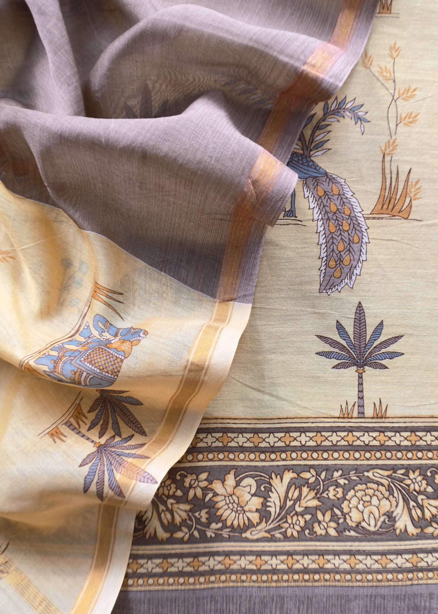 Yellow And Brown Shikagarh Maheshwari Silk Suit