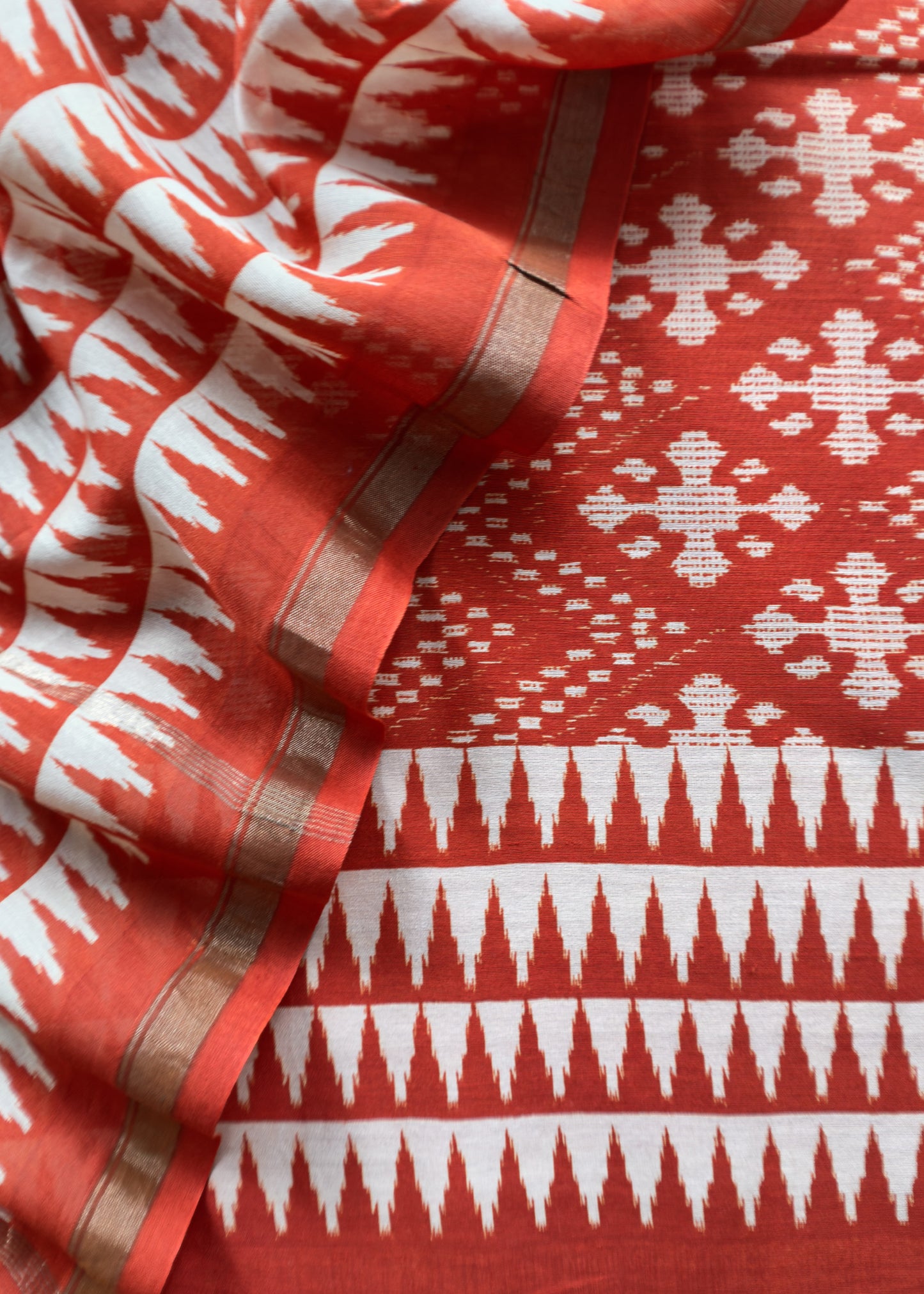 Orange Ikat Print Unstitched Suit In Pure Maheshwari Silk