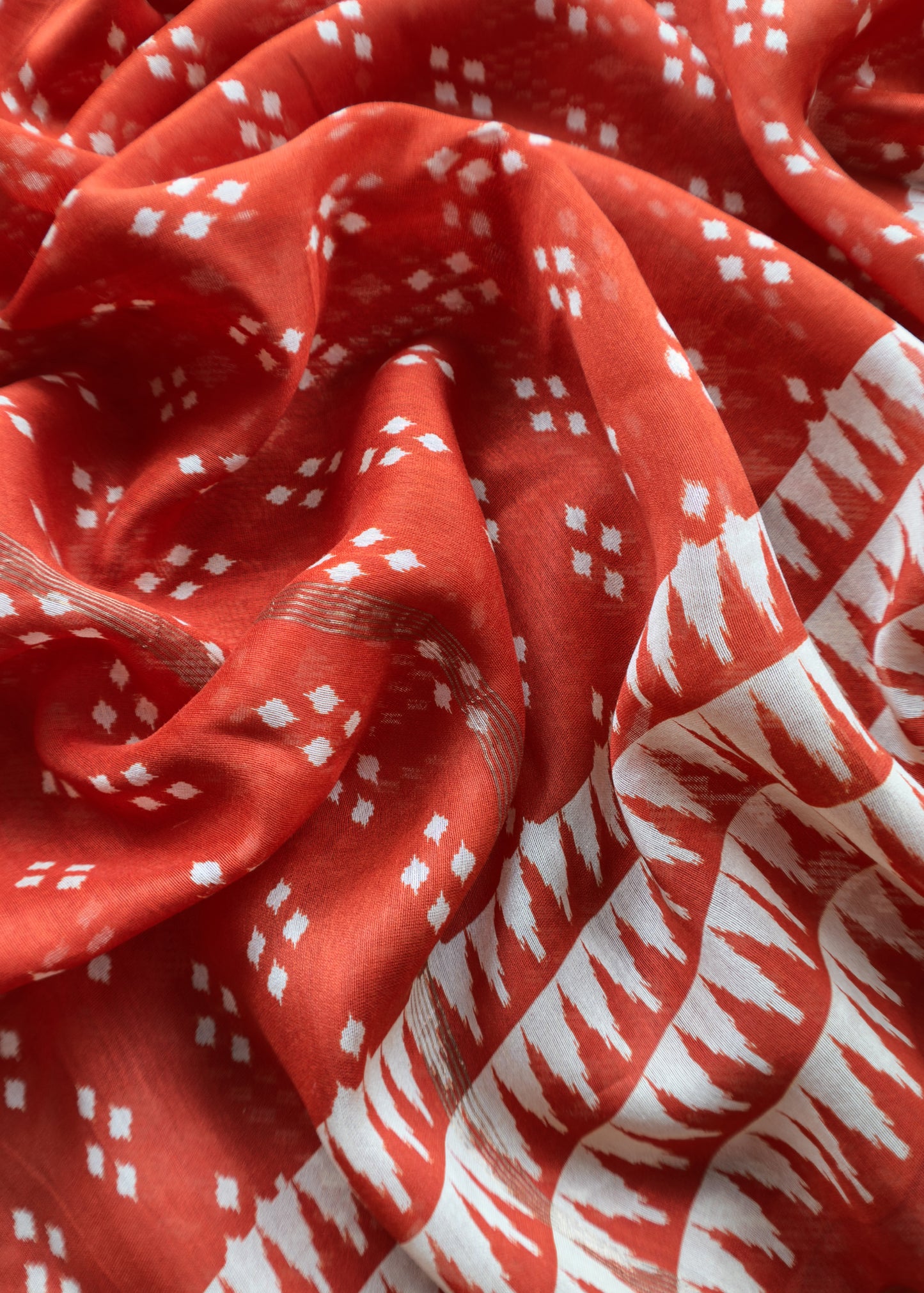 Orange Ikat Print Unstitched Suit In Pure Maheshwari Silk