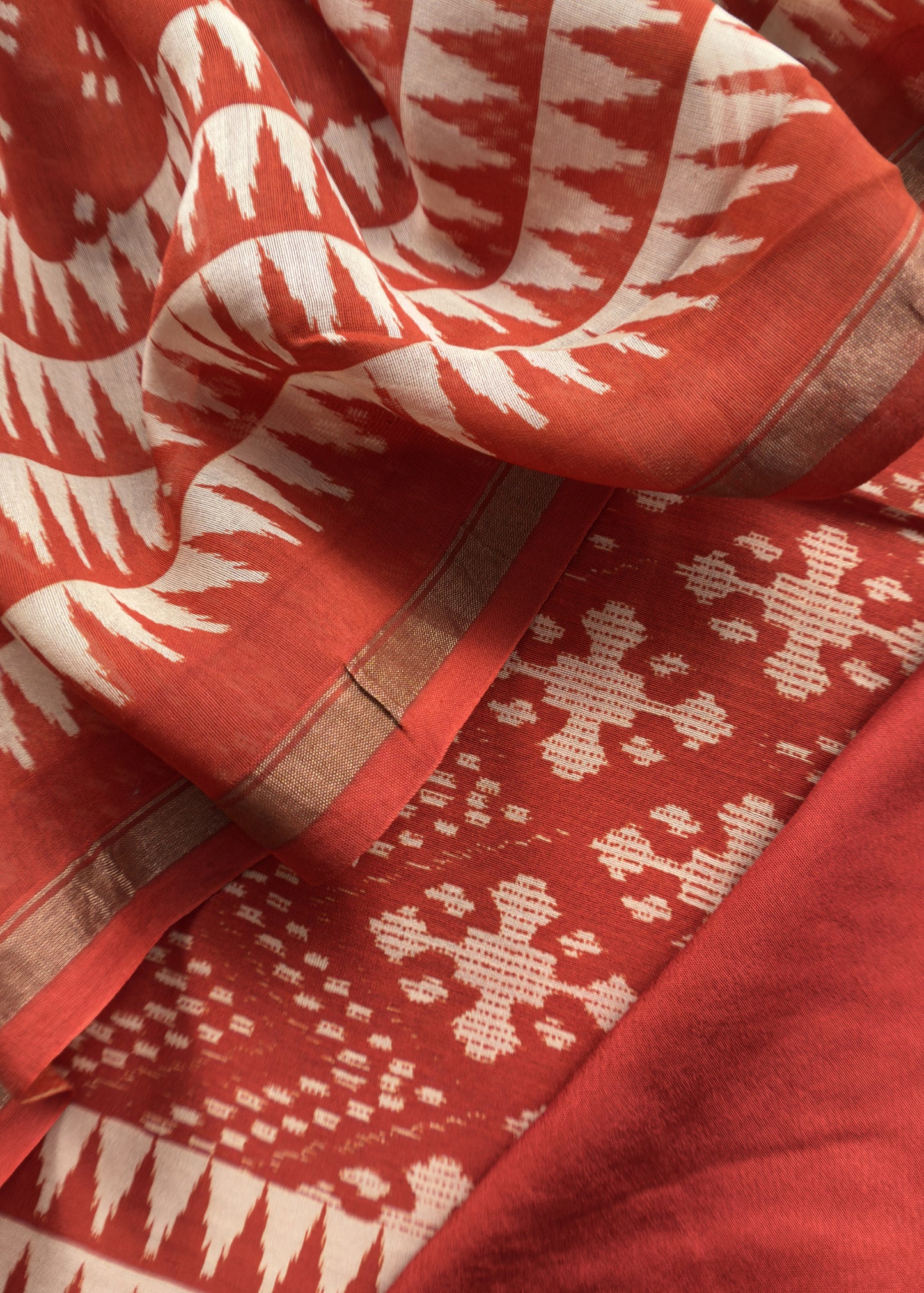 Orange Ikat Print Unstitched Suit In Pure Maheshwari Silk