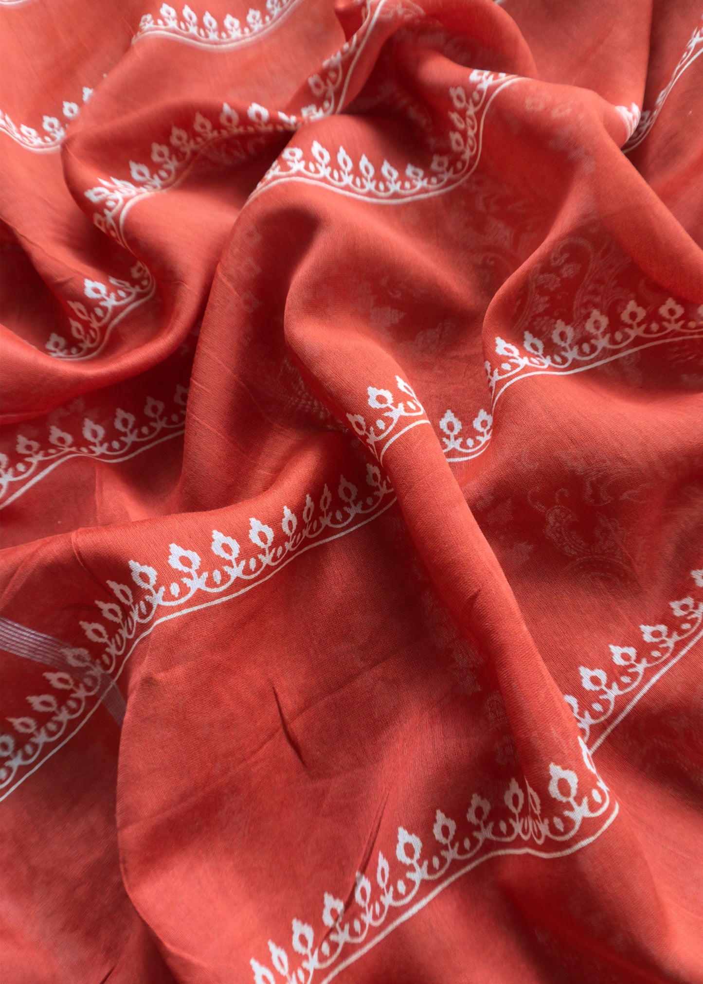 Orange Block Print Unstitched Suit In Pure Maheshwari Silk