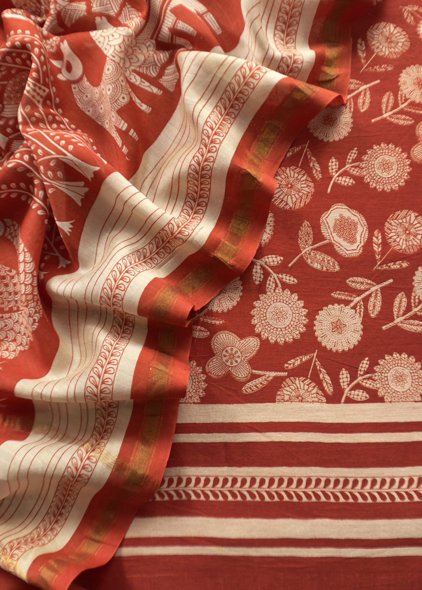 Orange Flower Block Print Unstitched Suit In Pure Maheshwari Silk