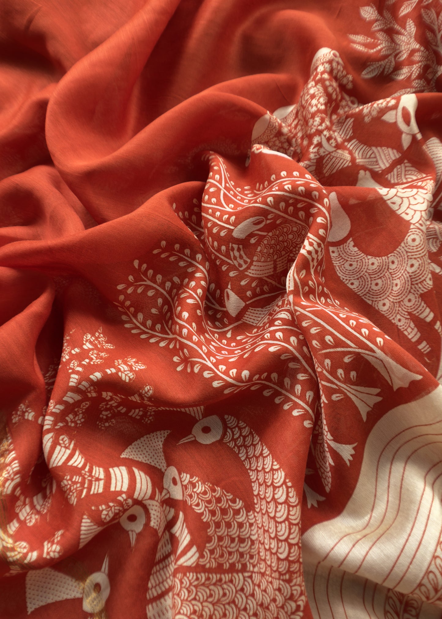 Orange Flower Block Print Unstitched Suit In Pure Maheshwari Silk