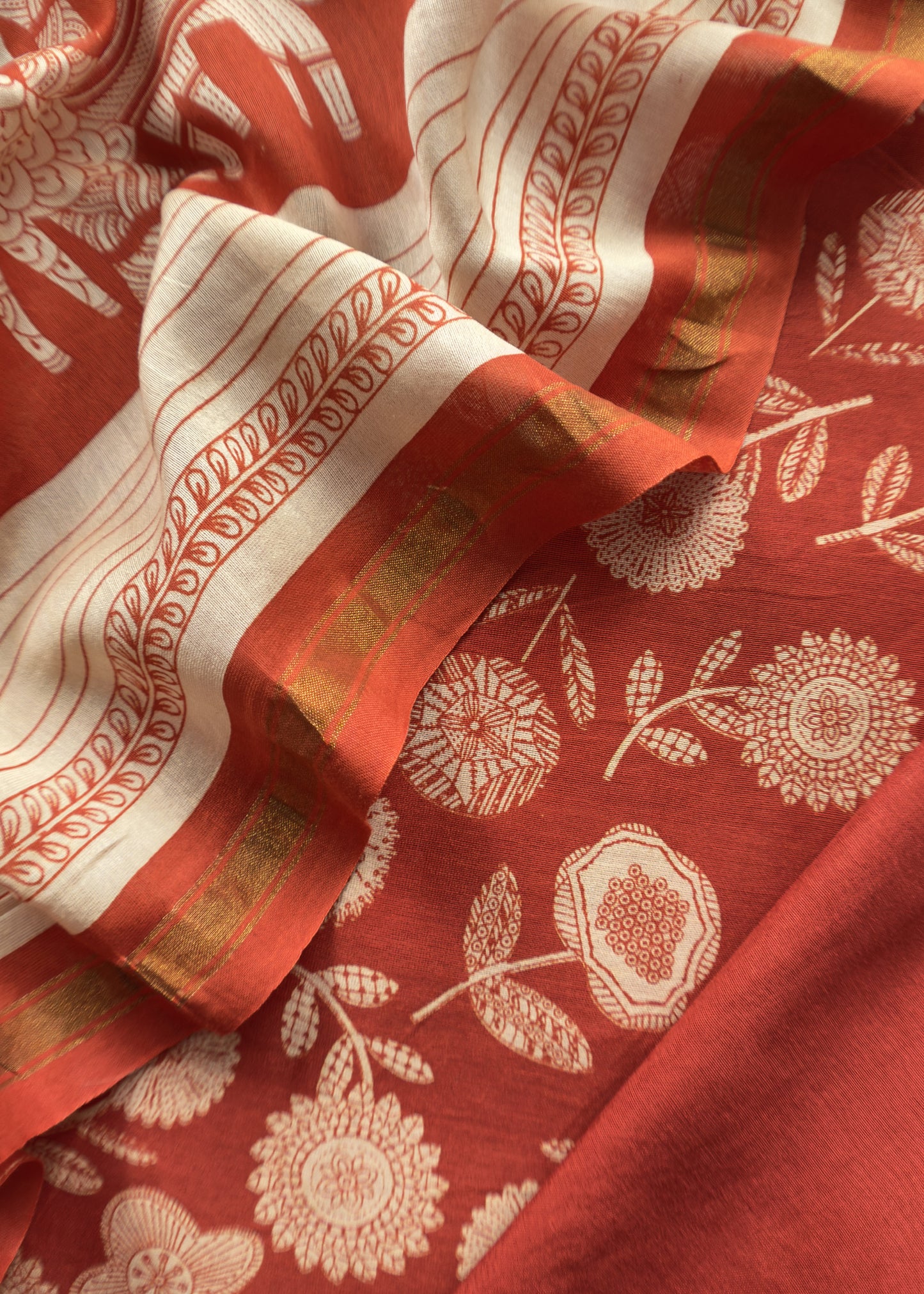 Orange Flower Block Print Unstitched Suit In Pure Maheshwari Silk