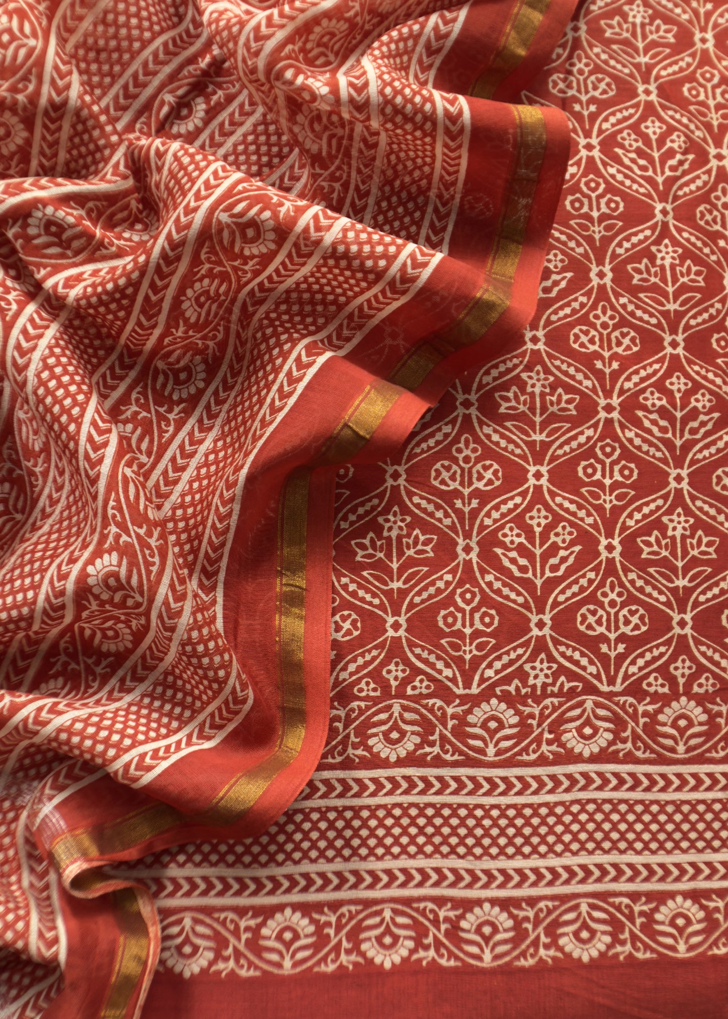 Orange Maheshwari Silk Unstitched Suit With Block Print