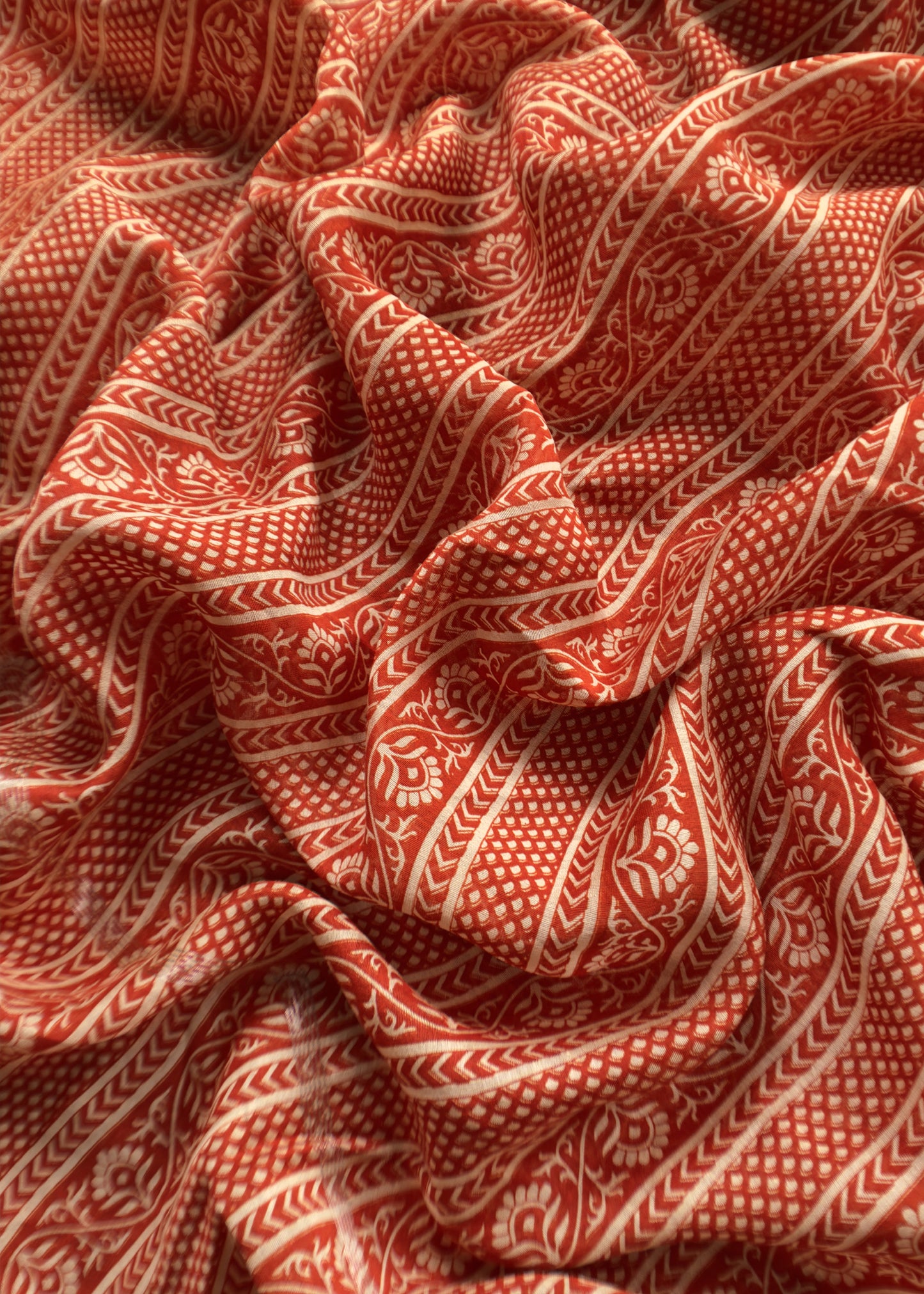 Orange Maheshwari Silk Unstitched Suit With Block Print