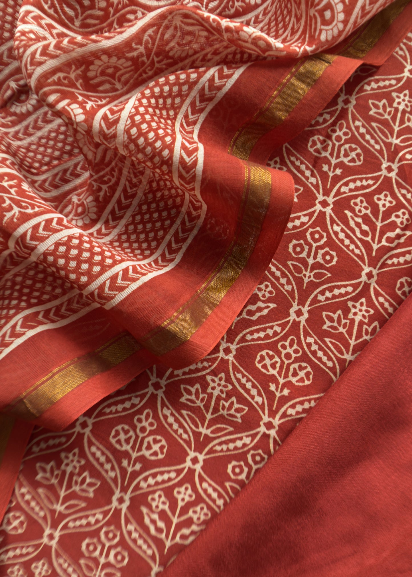 Orange Maheshwari Silk Unstitched Suit With Block Print