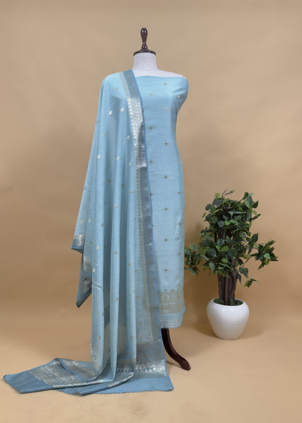 Sky Blue Pure Unstitched Banarasi Silk Suit With Dupatta